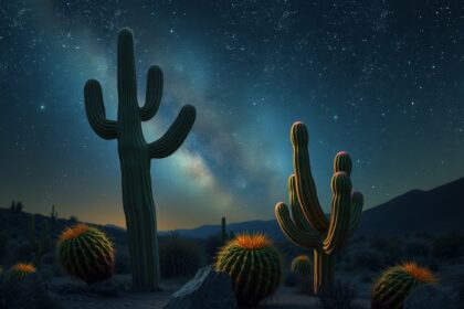 Paesaggio notturno con fichi d'India e cielo stellato