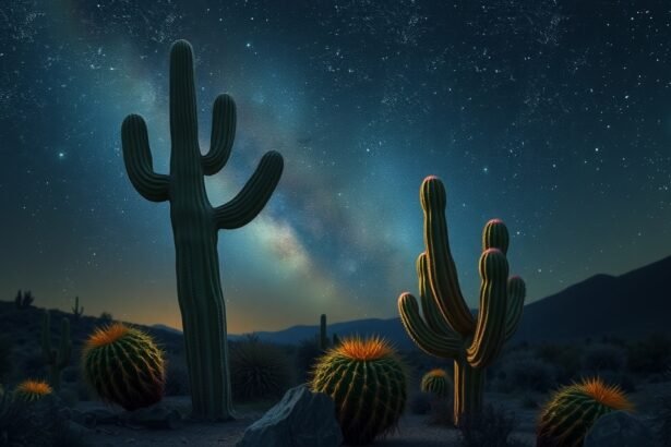 Paesaggio notturno con fichi d'India e cielo stellato