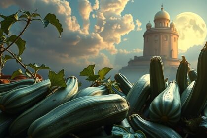 Zucchine verdi abbondanti sotto il cielo sereno con luna