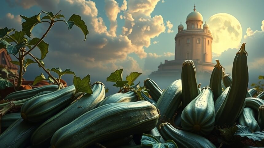 Zucchine verdi abbondanti sotto il cielo sereno con luna