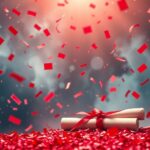 Rotoli di pergamena circondati da confetti rossi in festa