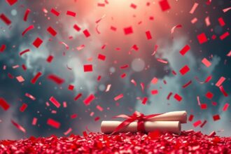 Rotoli di pergamena circondati da confetti rossi in festa