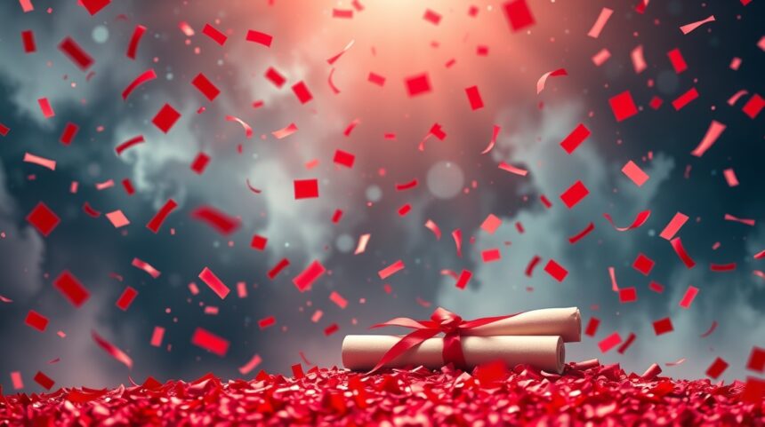 Rotoli di pergamena circondati da confetti rossi in festa