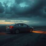 Auto parcheggiata su una strada deserta al tramonto, simbolo di ansia e perdita.