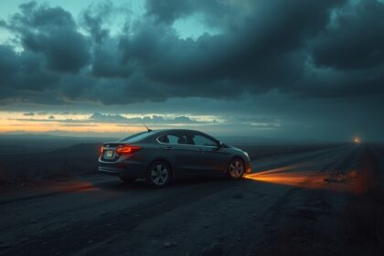Auto parcheggiata su una strada deserta al tramonto, simbolo di ansia e perdita.