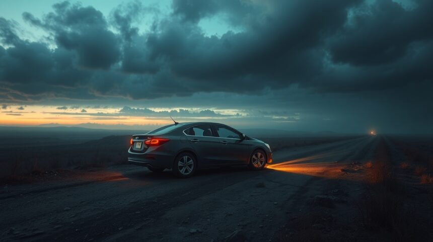 Auto parcheggiata su una strada deserta al tramonto, simbolo di ansia e perdita.