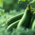 Zucchine verdi fresche con foglie verdi sullo sfondo