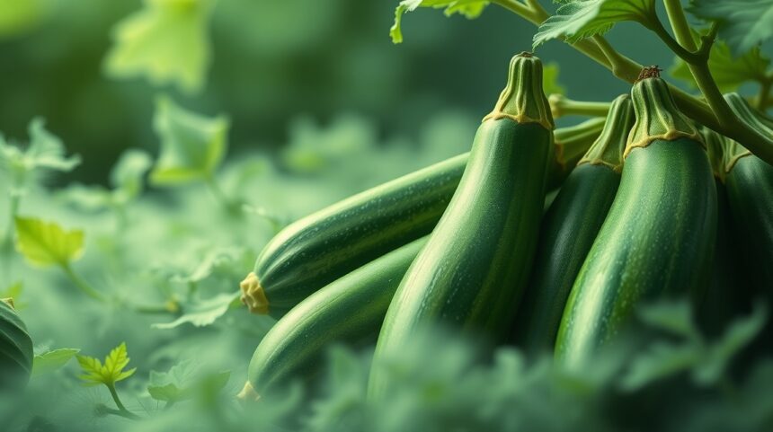 Zucchine verdi fresche con foglie verdi sullo sfondo