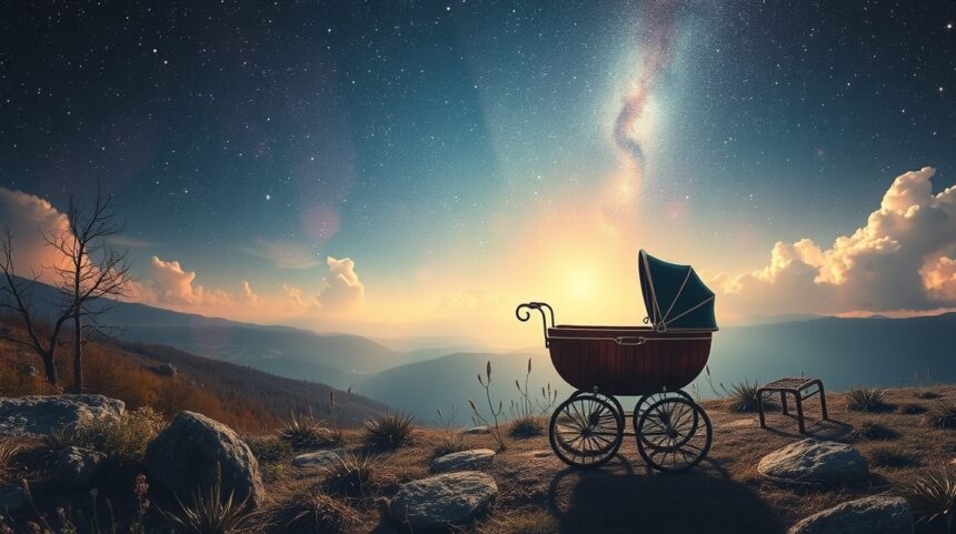 Carrozzina di neonato sotto un cielo stellato all'alba