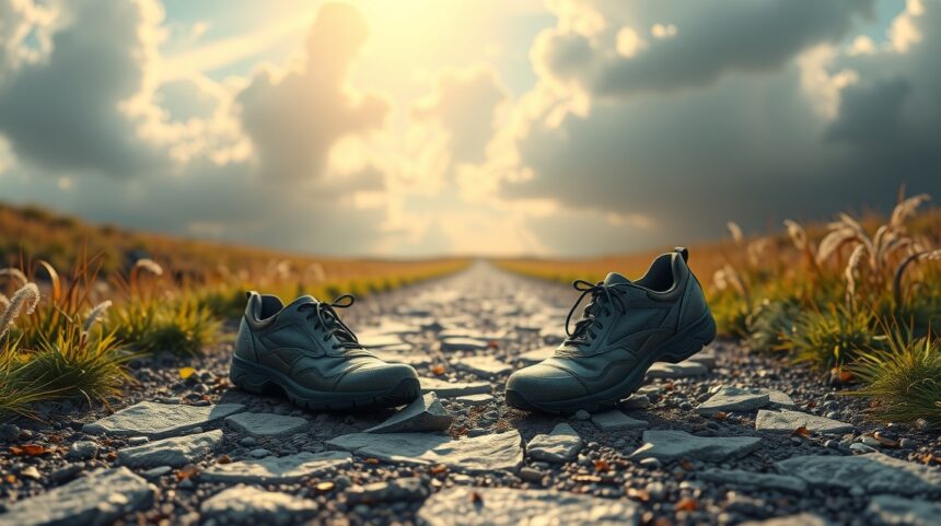 Scarpe su un sentiero polveroso che simboleggiano difficoltà nei sogni.