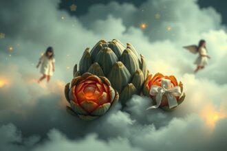 Carciofi regalati tra nuvole e luci, simbolo di amicizia e segreti.