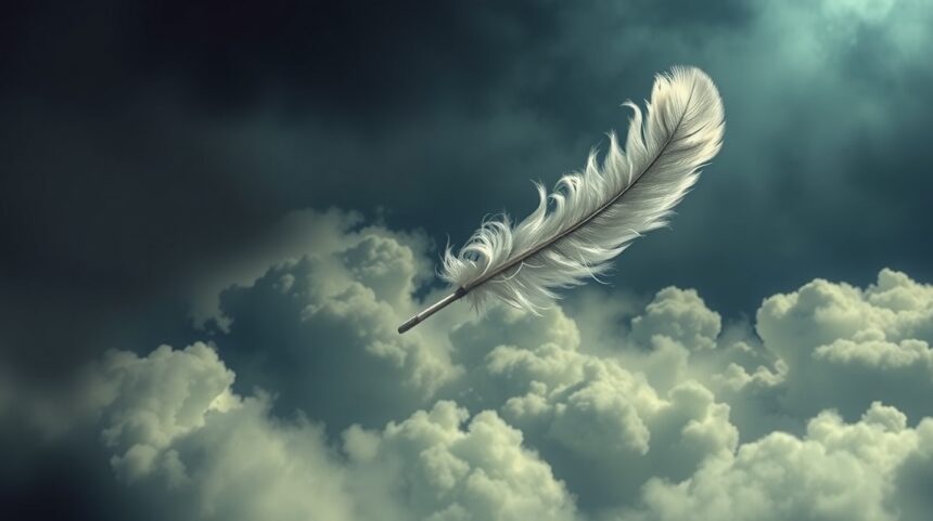 Piuma bianca che svetta tra le nuvole scure
