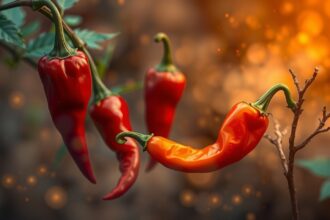 Peperoncini rossi appesi su una pianta, simbolo di piccantezza e passione.