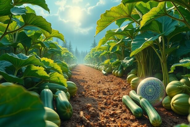 Campo di zucchine con piante rigogliose e raccolto abbondante.