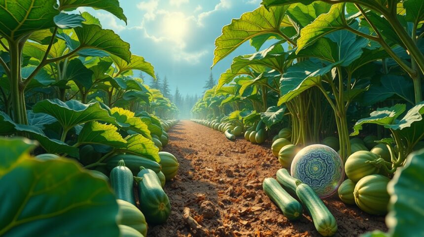 Campo di zucchine con piante rigogliose e raccolto abbondante.