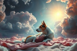 Un cane che partorisce, simbolo di rinascita e fedeltà.