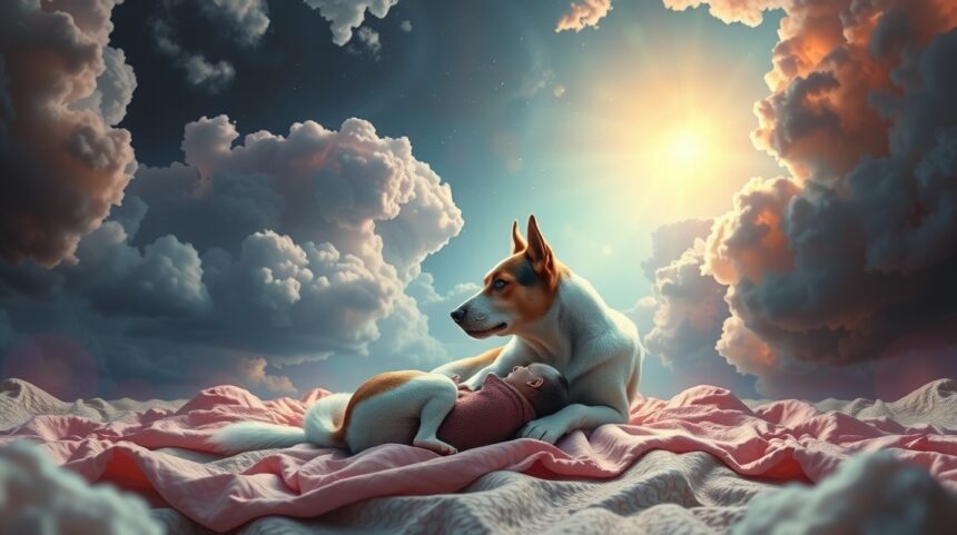 Un cane che partorisce, simbolo di rinascita e fedeltà.