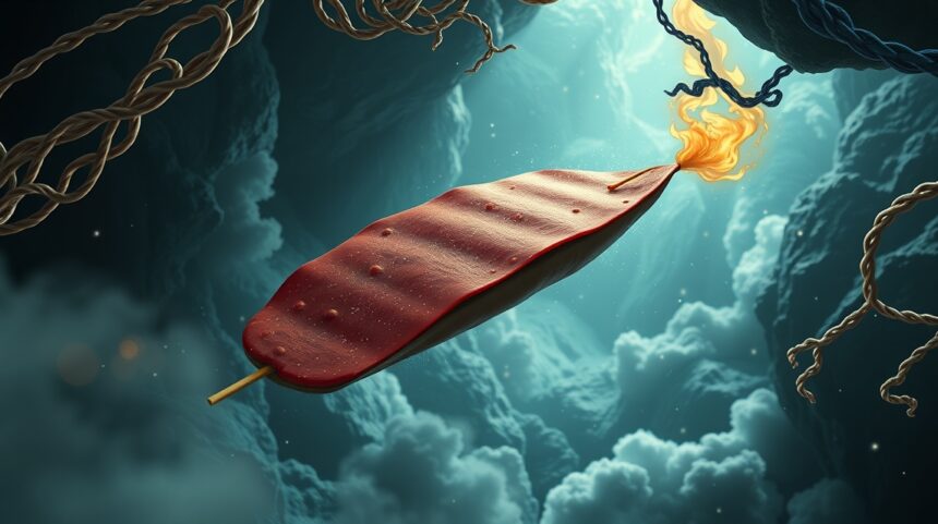 Salame rosso fluttuante in un ambiente onirico e mistico.