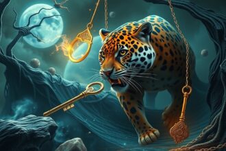 Giaguaro in un paesaggio onirico con chiavi dorate