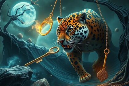 Giaguaro in un paesaggio onirico con chiavi dorate
