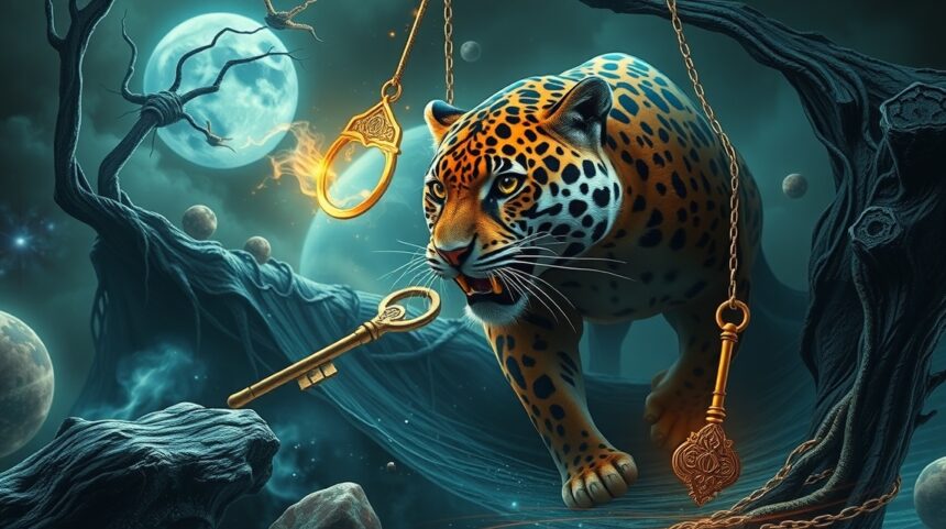 Giaguaro in un paesaggio onirico con chiavi dorate