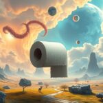 Rollo di carta igienica in un paesaggio onirico simbolo di purificazione.