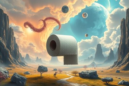 Rollo di carta igienica in un paesaggio onirico simbolo di purificazione.