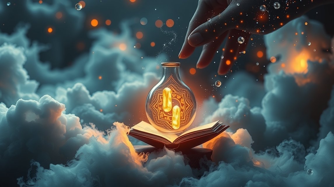 Un libro aperto con una bottiglia luminosa che evoca fortuna e sogni.