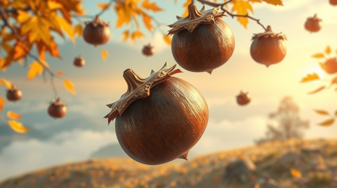 Castagne che pendono da un ramo in un paesaggio autunnale