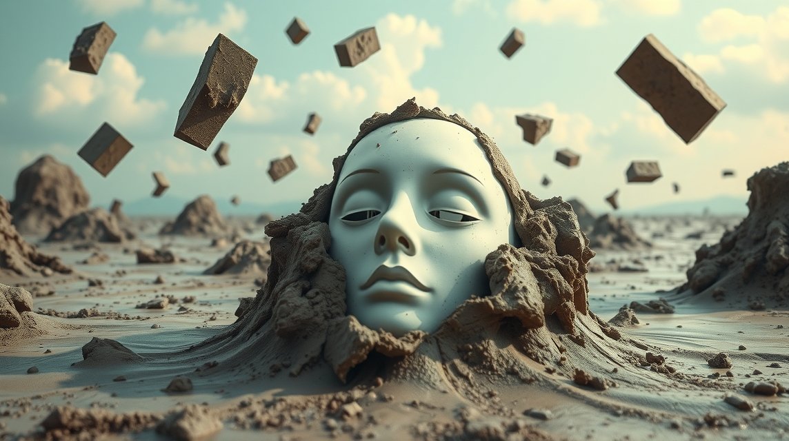 Maschera umana immersa nel fango, simbolo di blocchi emotivi