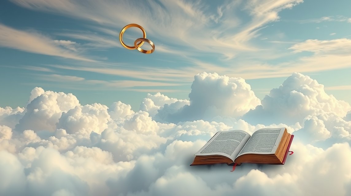 Anelli nuziali sopra un libro tra le nuvole, simbolo di sogni di matrimonio