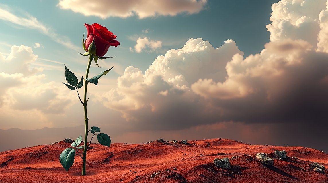 Una rosa rossa nel deserto, simbolo di lutto e emozioni forti.