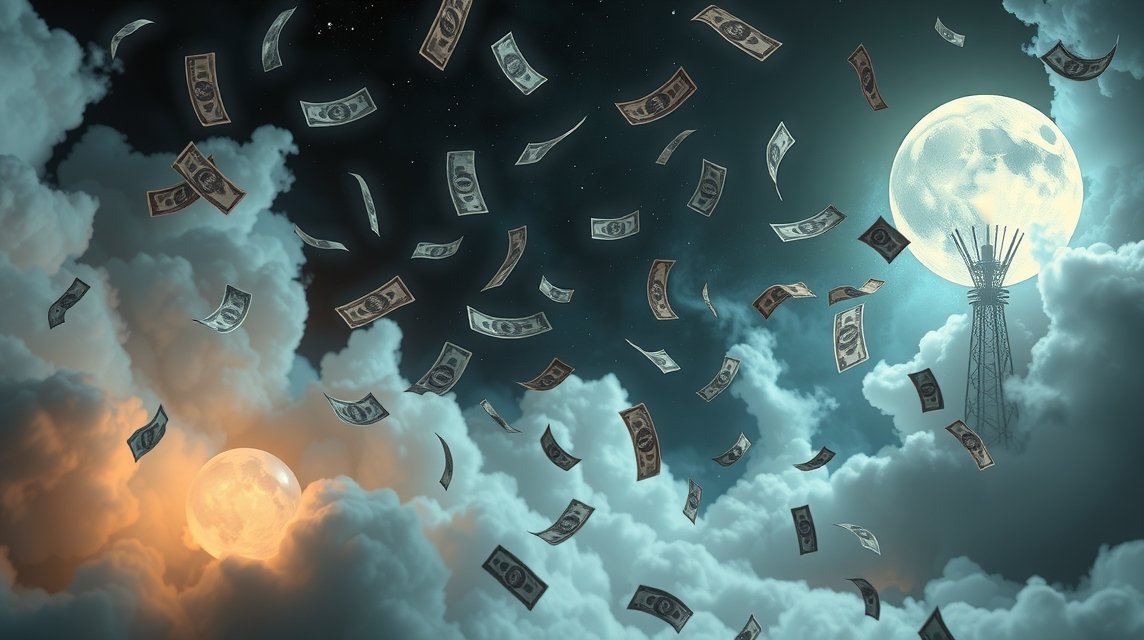 Bancnote che volano tra le nuvole sotto una luna piena
