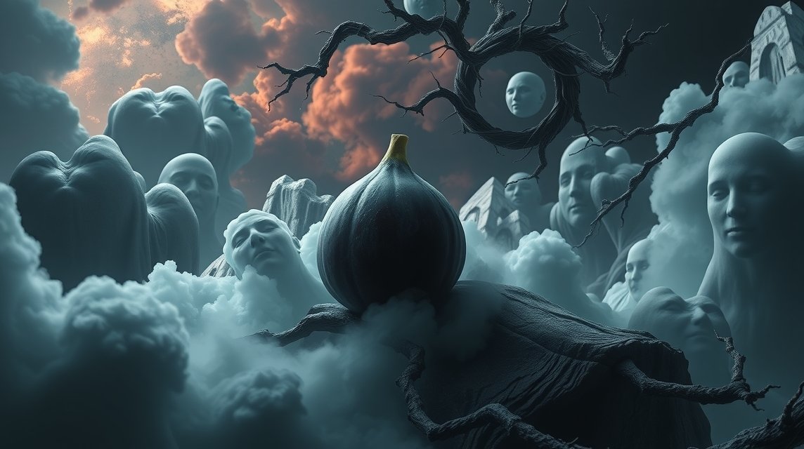 Fichi neri tra nebbia e volti, simbolo di segreti e sogni.