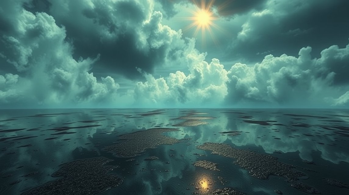 Vista di un paesaggio marino con nuvole e riflessi sul pavimento bagnato