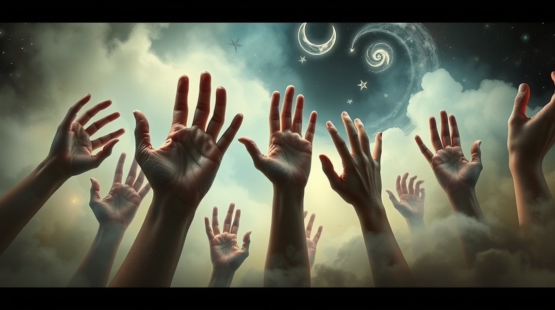 Mani alzate verso un cielo stellato, simbolo di sogni e interpretazioni psicologiche.