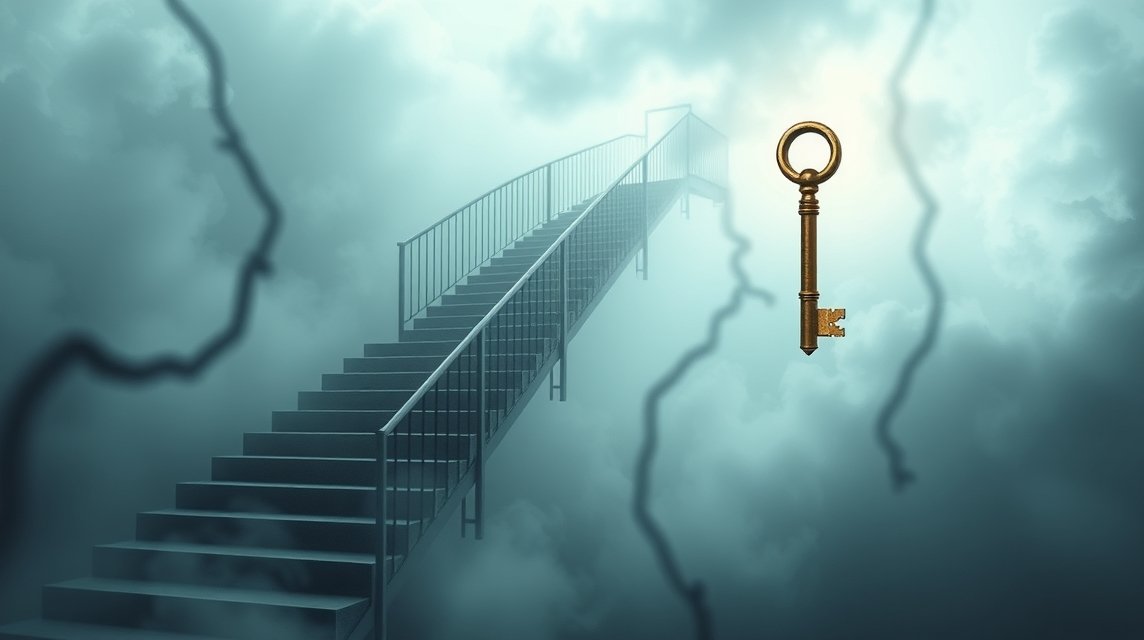 Una scala che scende tra nebbia simbolica e una chiave dorata.