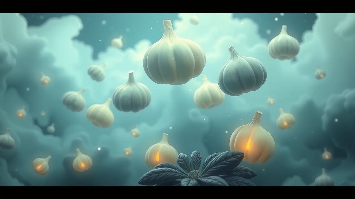 Illustrazione di fichi bianchi fluttuanti in un cielo etereo.