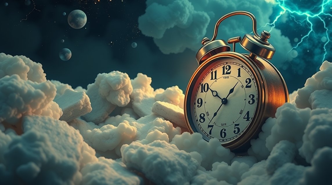 Orologio che segna il tempo tra nuvole e simboli di sogno