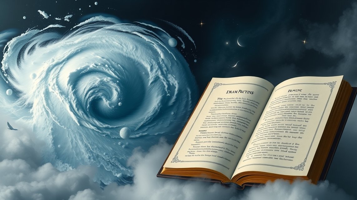Libro aperto con interpretazioni sui sogni e uragano sullo sfondo.