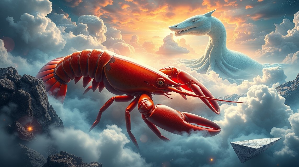 Aragosta rossa tra nuvole e creazioni mitologiche