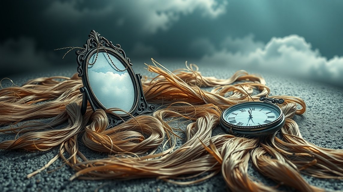 Capelli disposti a terra con uno specchio e un orologio.