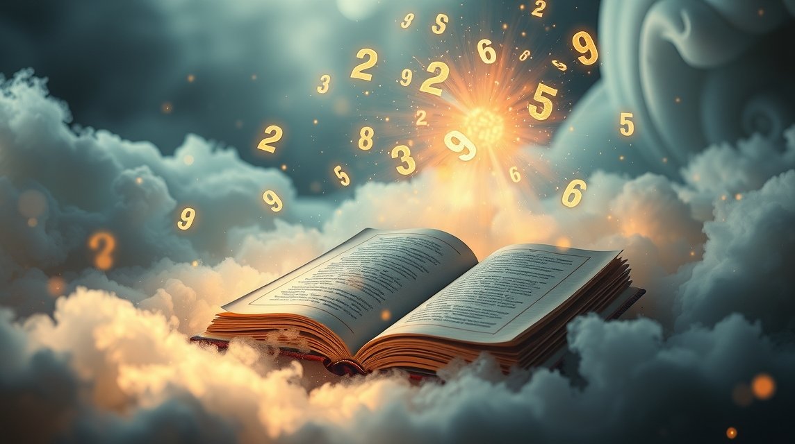Libro aperto con numeri misteriosi fluttuanti nel cielo.