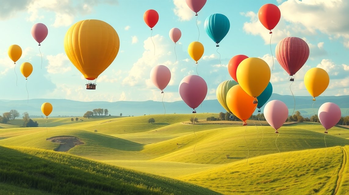 Palloncini colorati volano in cielo su un paesaggio sereno