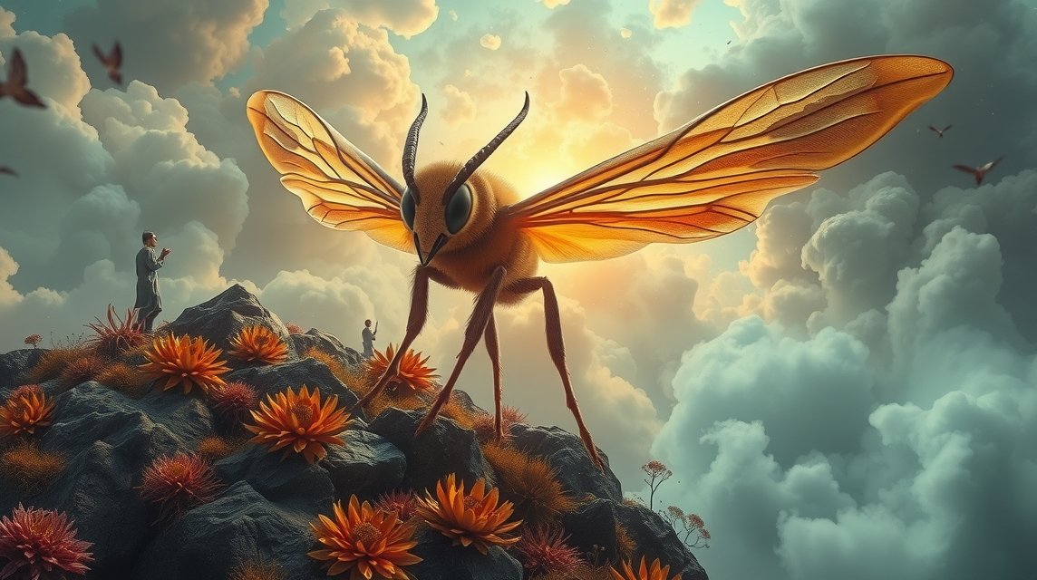 Calabrone gigante in un paesaggio onirico con figure umane.