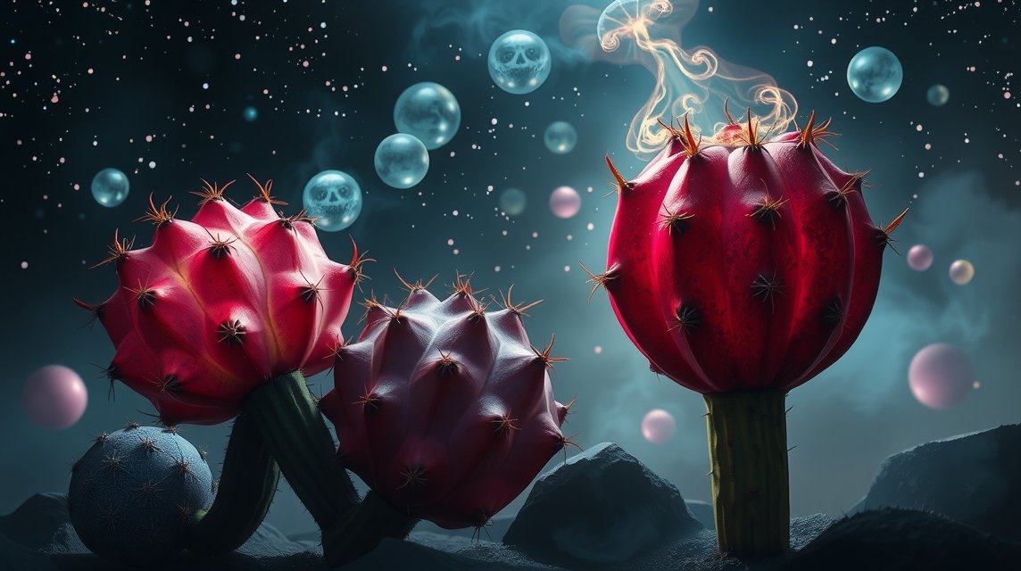 Fichi d'India in un paesaggio onirico con elementi magici.