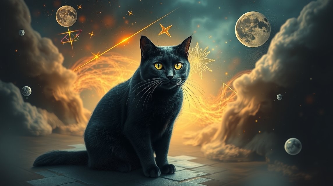 Gatto nero con occhi luminosi in un paesaggio astrale