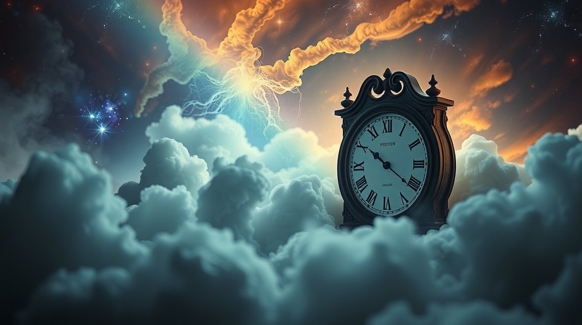 Orologio misterioso tra nuvole e cosmo