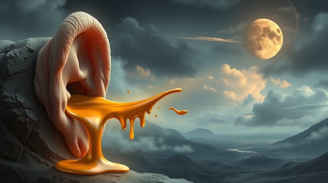 Orecchio che perde cerume in un paesaggio onirico