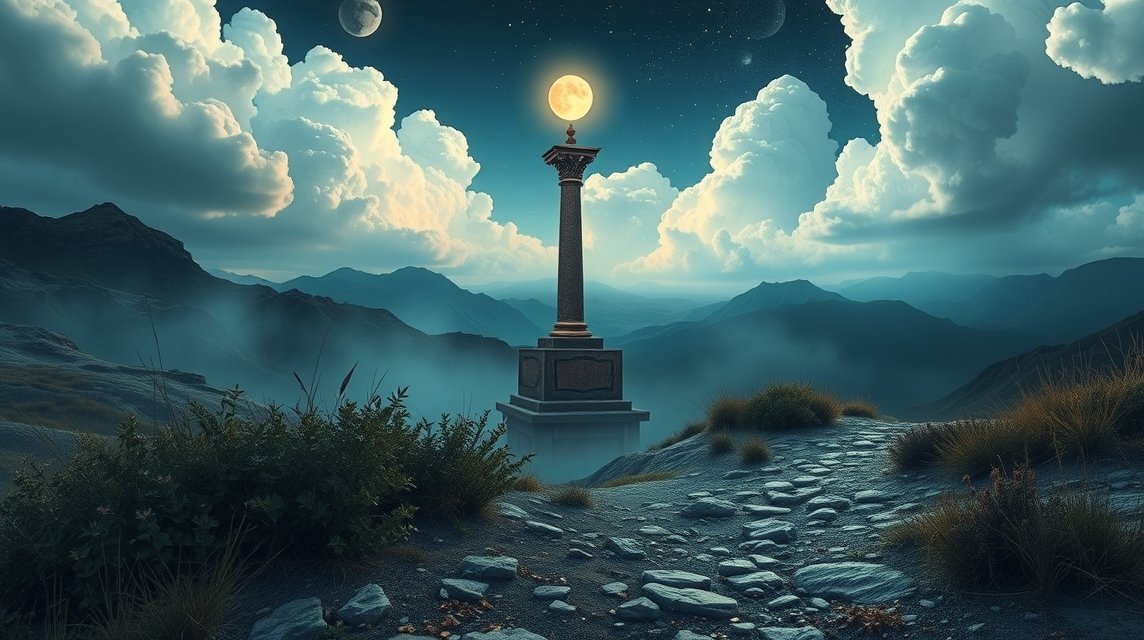 Colonna del rosario sotto la luna in un paesaggio montano.
